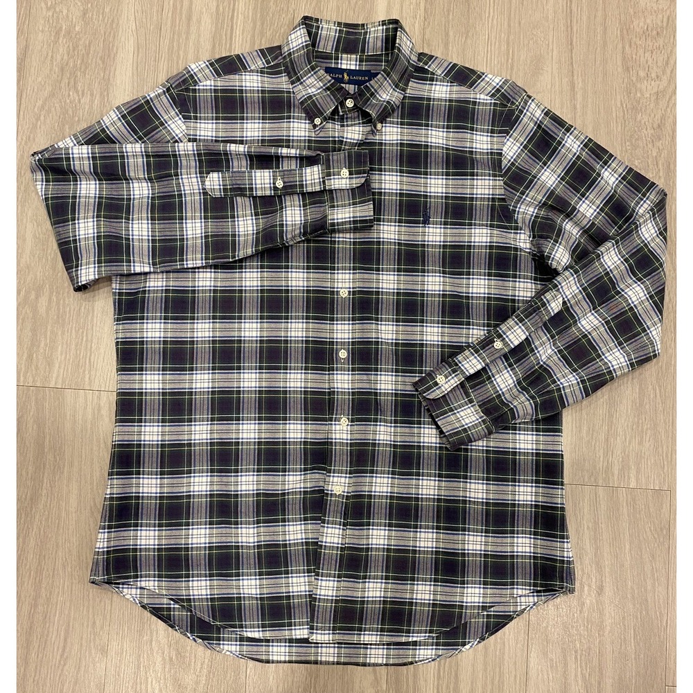 Ralph Lauren Button Down‎ Up Shirt Adult Large Blue Green Yellow Plaid Mens